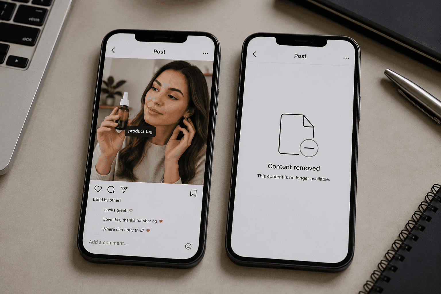 Deux téléphones côte à côte — un post d'influenceur réussi avec tags produit et un post supprimé.