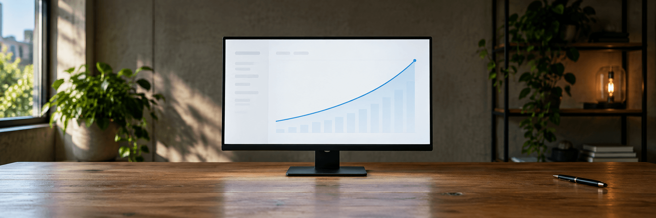 One screen showing a rising conversion chart on an empty desk