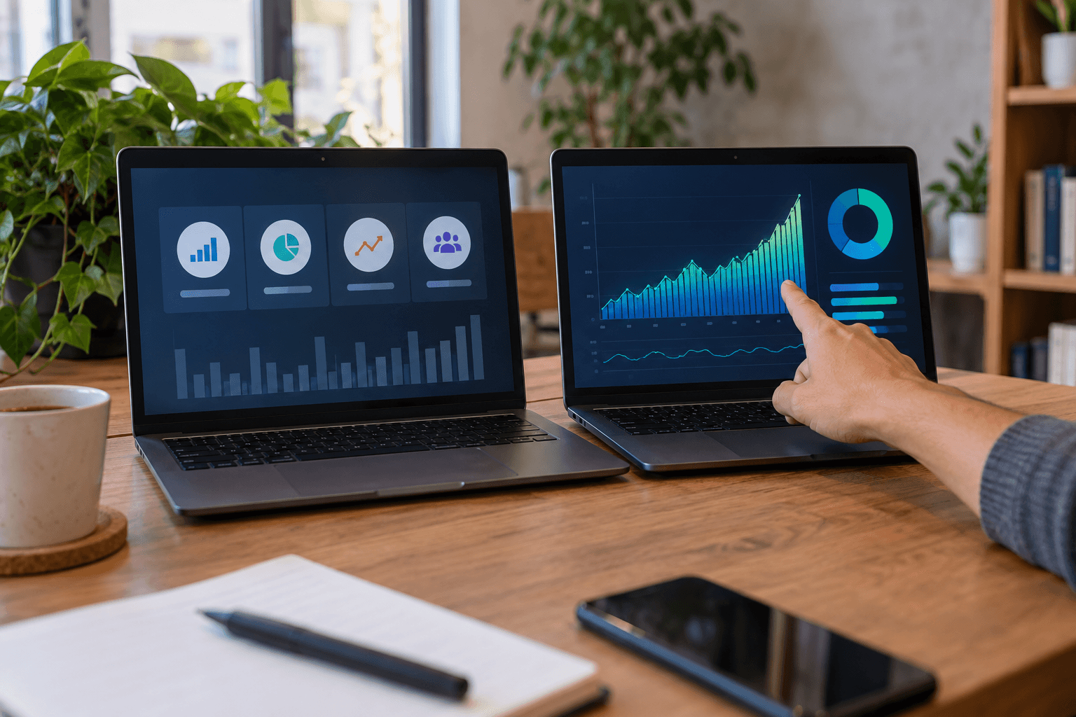 Two screens side by side - one with small icons, one with one large sales number