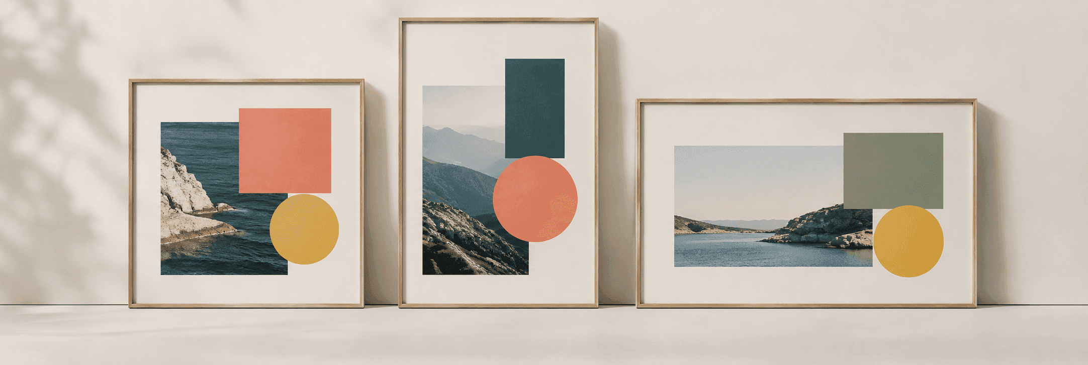 Three mockup frames of different proportions each holding the same two-block motif