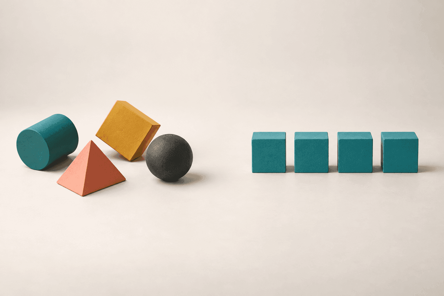 Four differently coloured squares scattered on the left, four matching ones in a row on the right