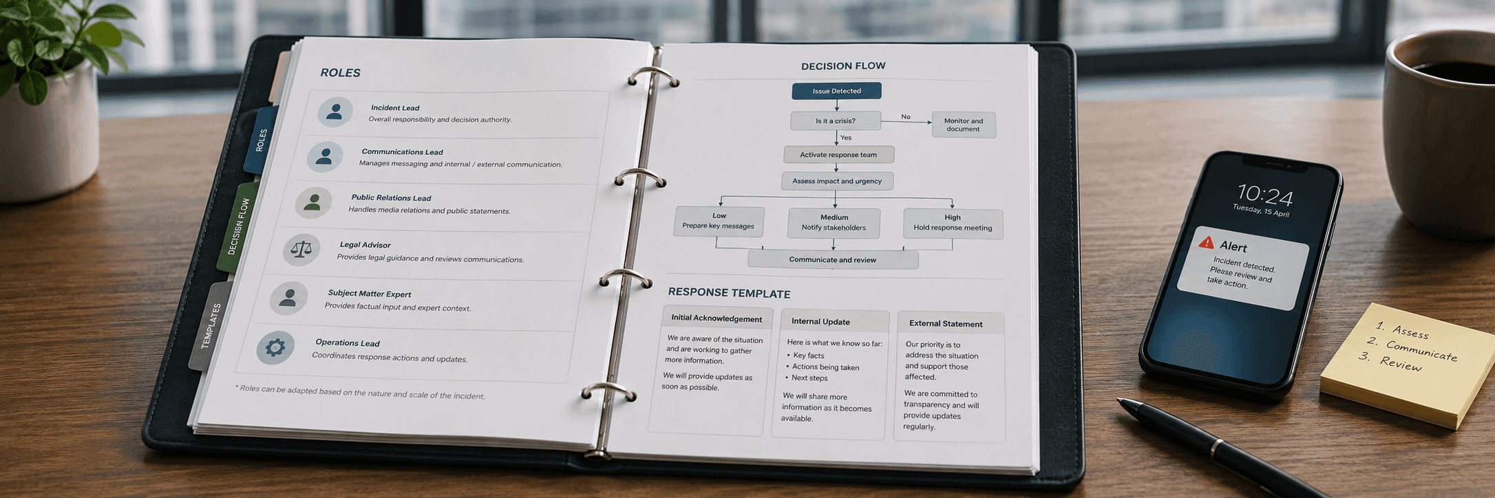 An open binder with a crisis procedure, assigned roles, and ready-made response templates.