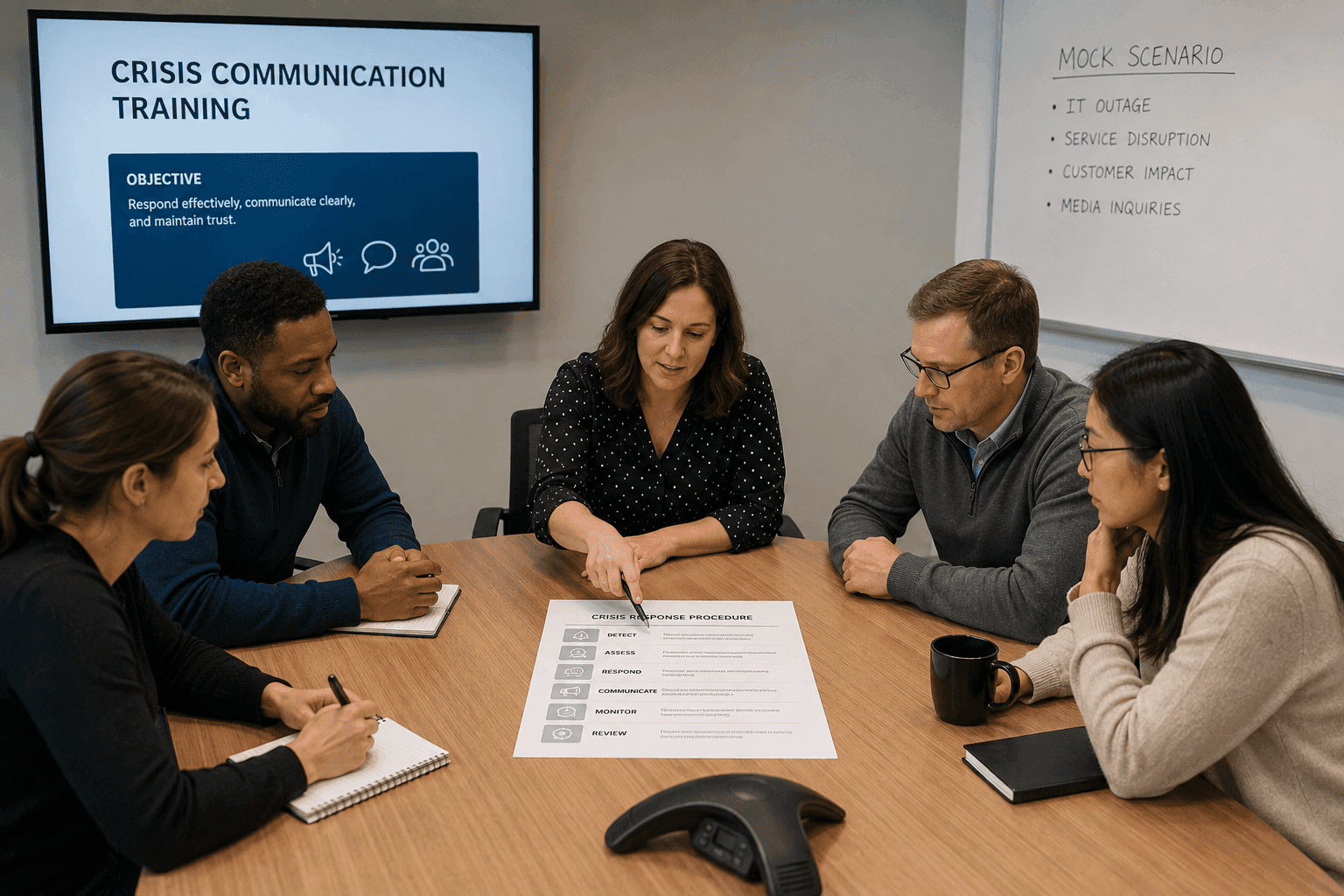 A group of employees rehearses a crisis scenario in training, with the procedure sheet on the table.