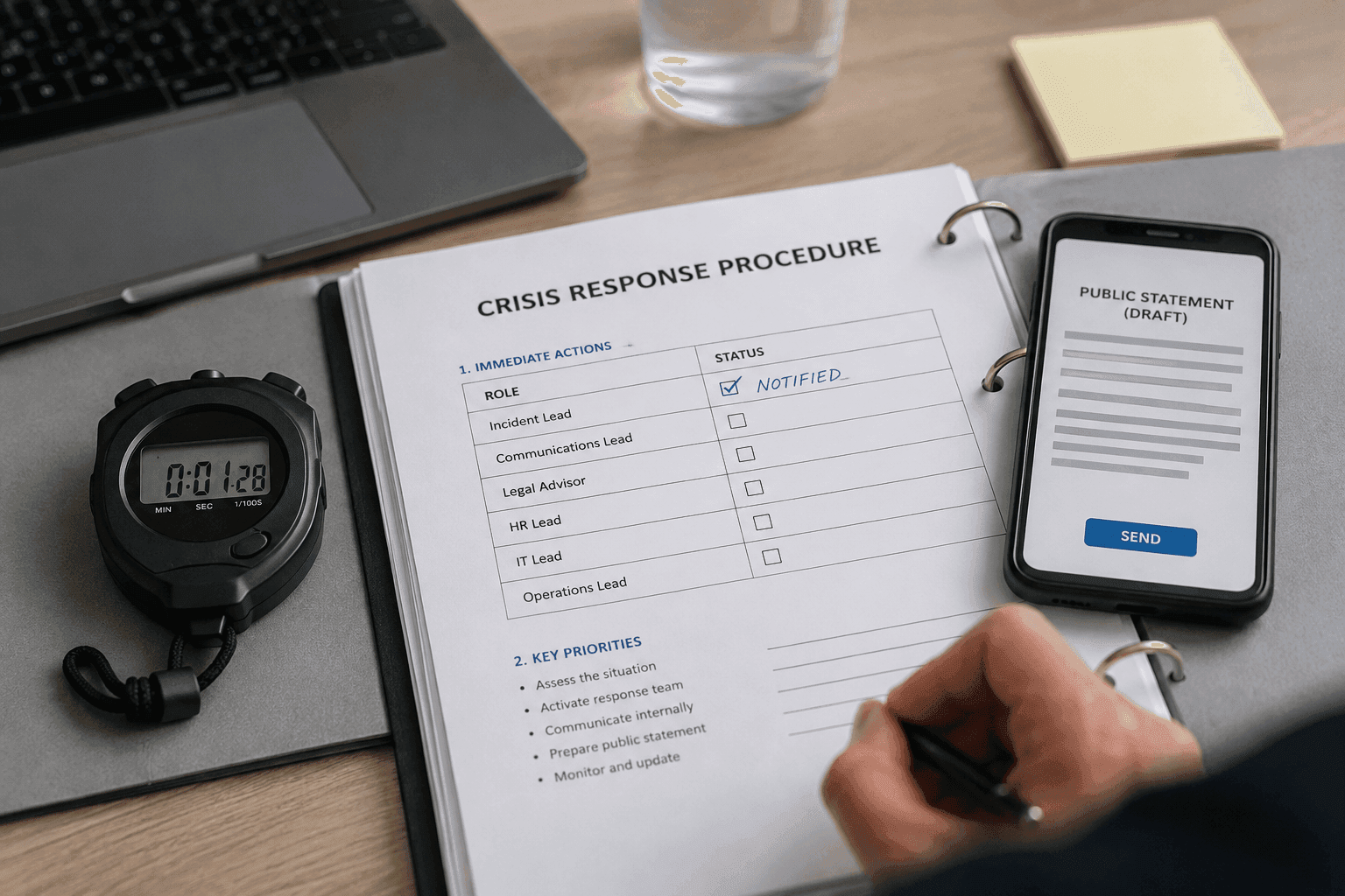 A stopwatch showing a short time next to the procedure with a person checked off and a draft statement ready.