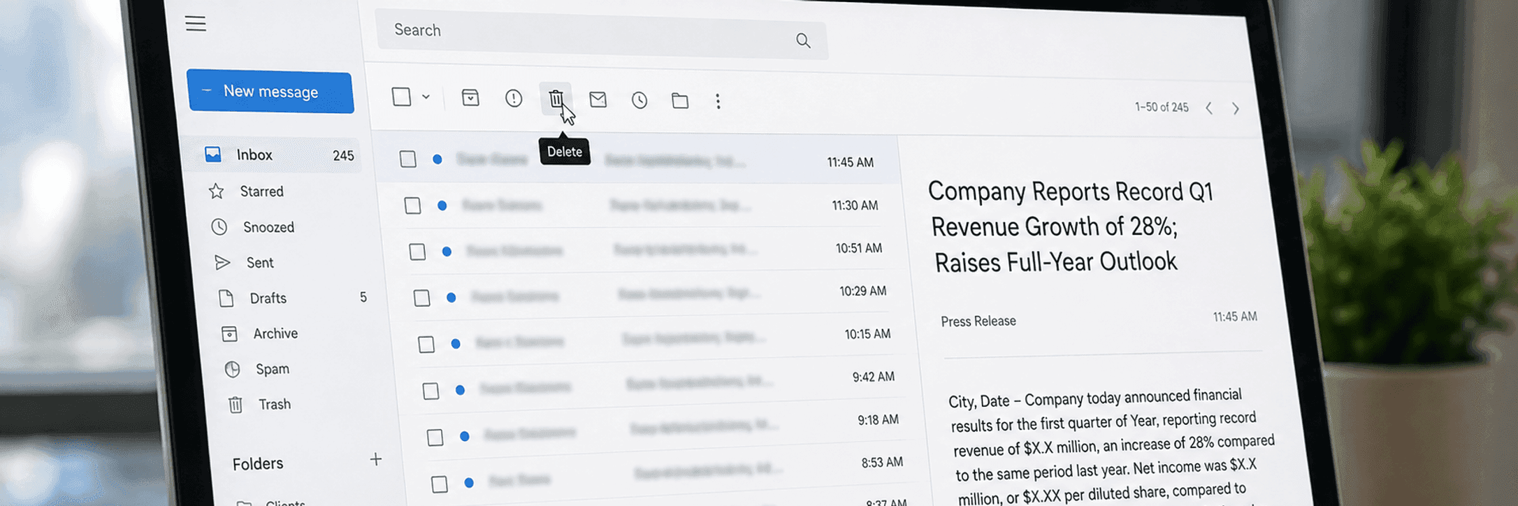 An inbox full of unopened press releases and one opened, specific message.