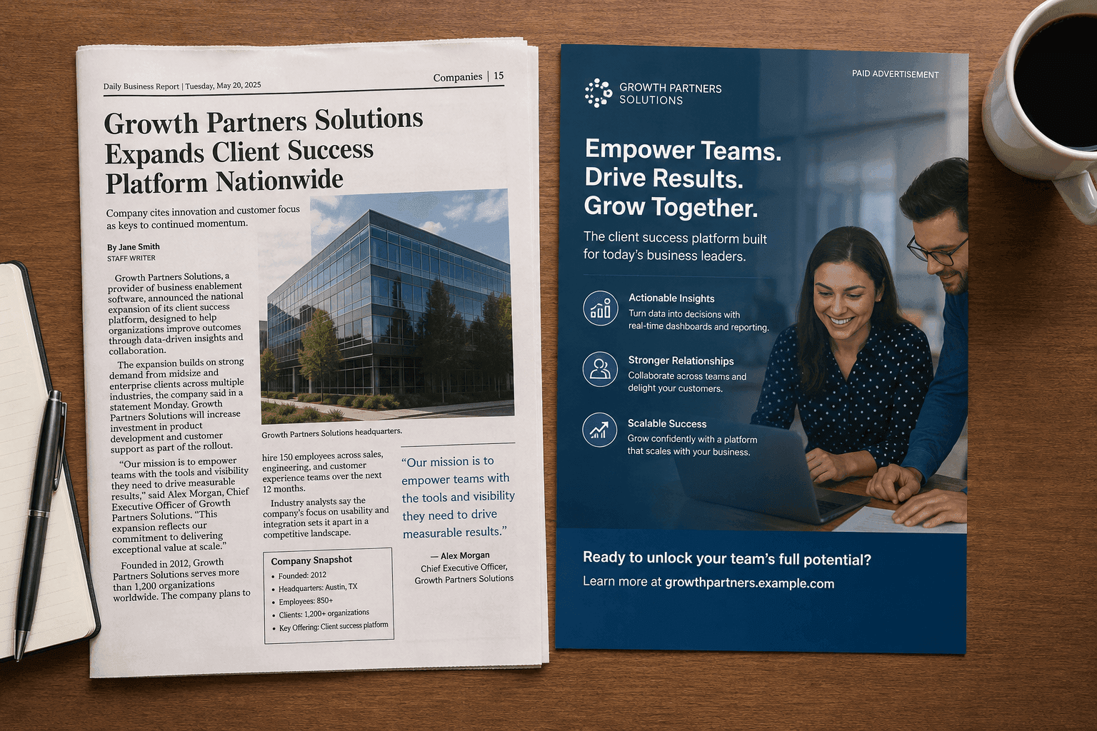A news article mentioning the company next to a same-size advertisement for comparison.