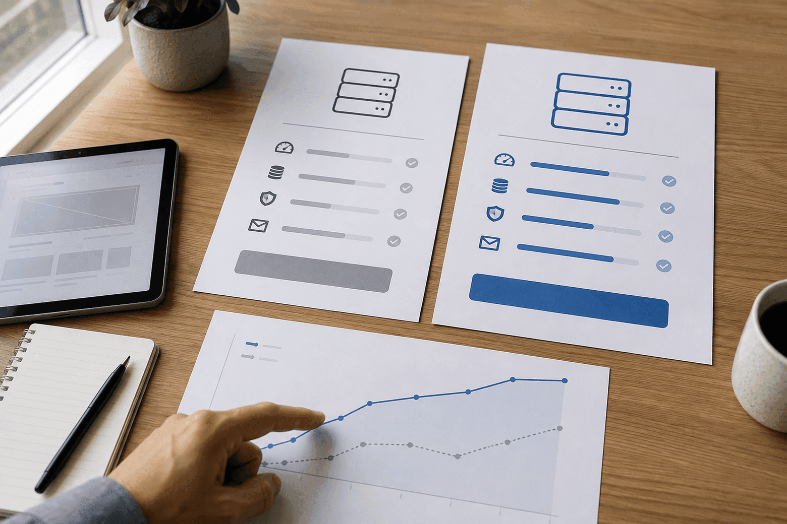 Two printed hosting plans side by side for comparison, next to a rising site-traffic chart