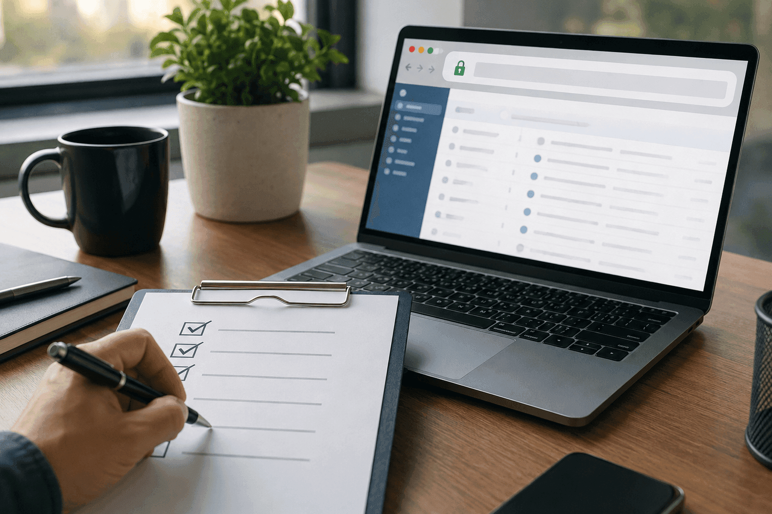 A laptop showing a green padlock in the browser bar next to a mail list and a hand-checked checklist