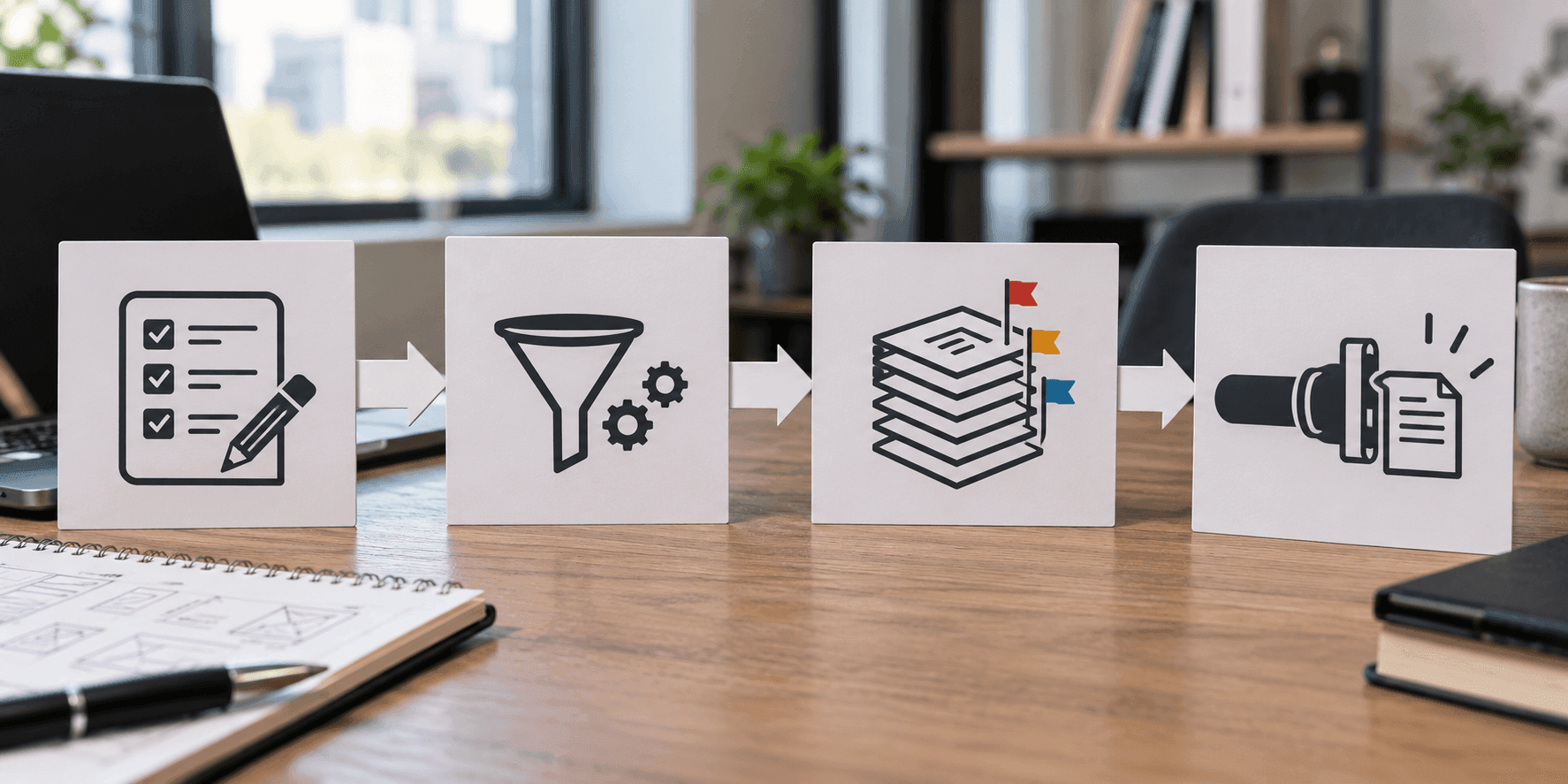 A four-step flow diagram from rule-gathering through testing to publishing deployment.