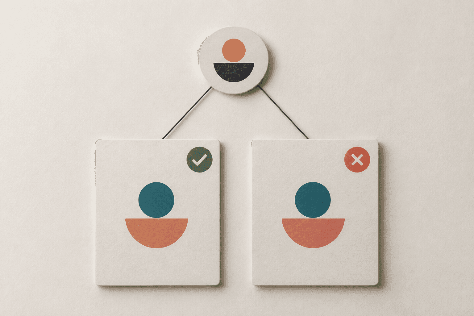 Two browser-window-shaped cards, one marked with a green symbol, the other with a red one