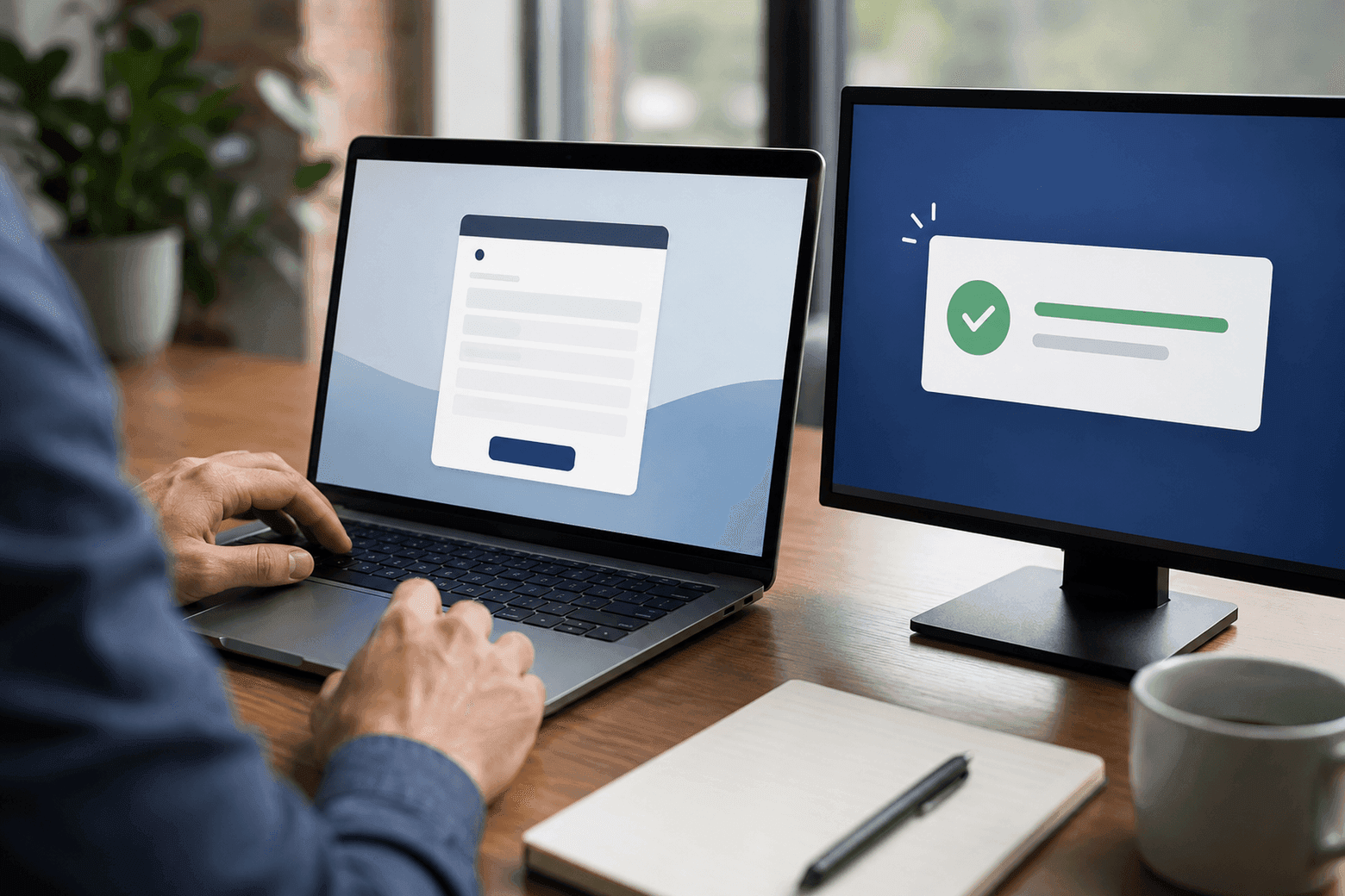 A laptop with a contact form being filled in, next to a screen showing a green submission confirmation