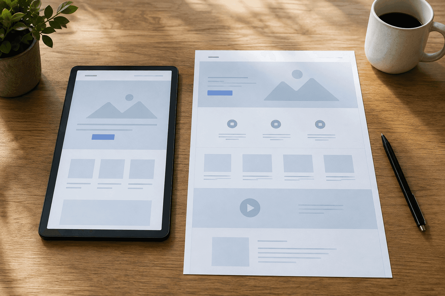 A tablet and a laptop side by side, each showing a different landing page layout at a different scale
