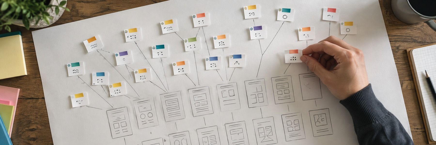 A sheet of keyword tiles connected by lines to a grid of page icons