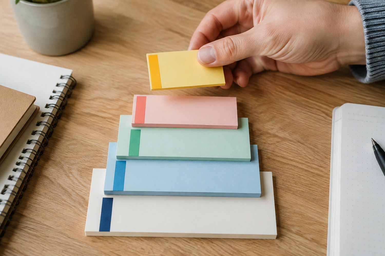 A hand placing a highlighted tile atop a stack of tiles ordered by priority