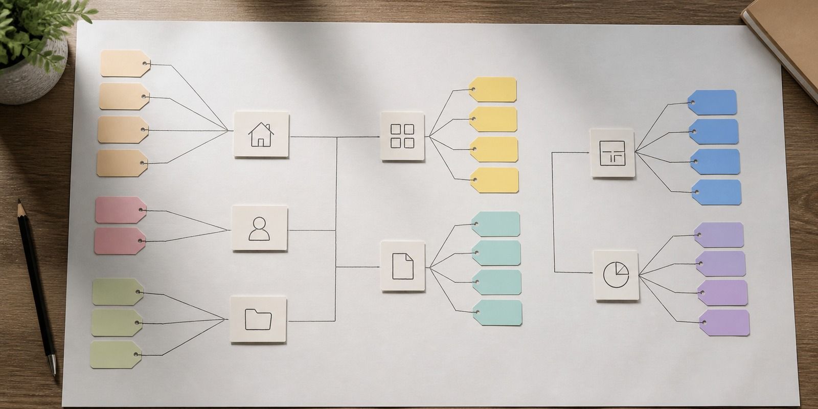 A node diagram of keyword clusters linked to separate page icons