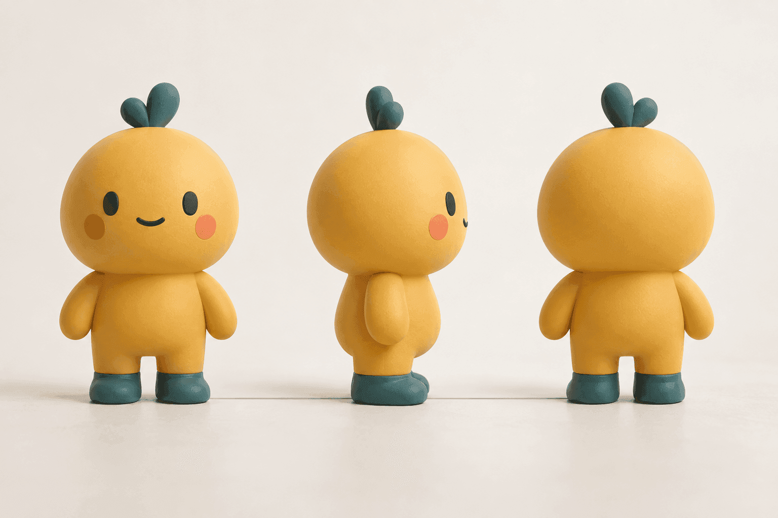 Trois personnages-mascottes de même hauteur, debout côte à côte sur une ligne commune