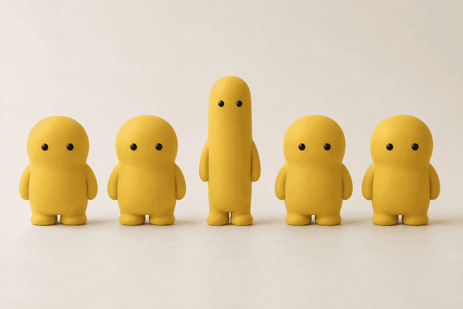 Cinq personnages-mascottes alignés, quatre identiques en turquoise, un différent en ambre