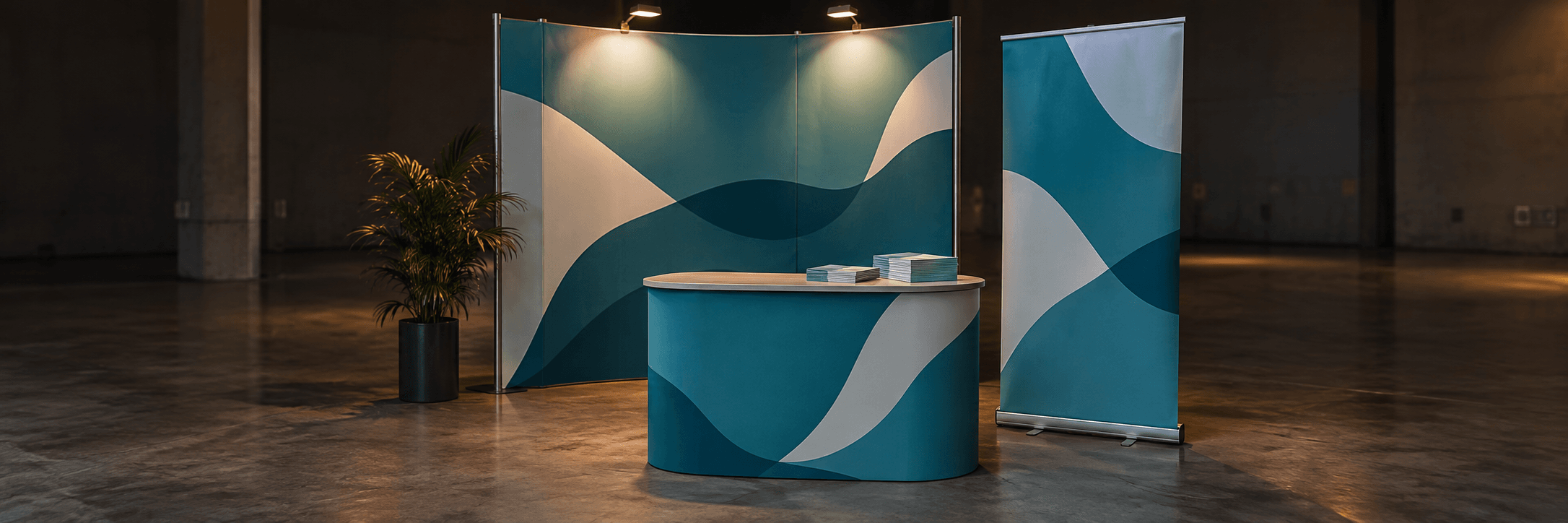 A trade-fair booth and a banner in exactly the same colour and pattern