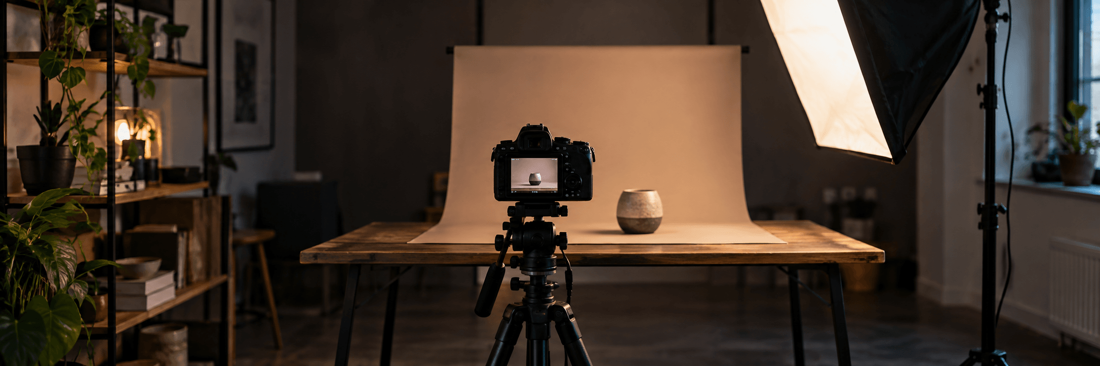 A tripod-mounted camera aimed at a product lit by a studio lamp