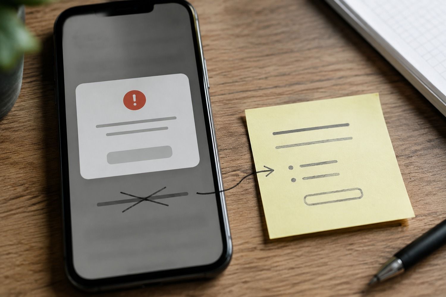 A phone error dialog with an arrow pointing to a clearer sticky-note phrase