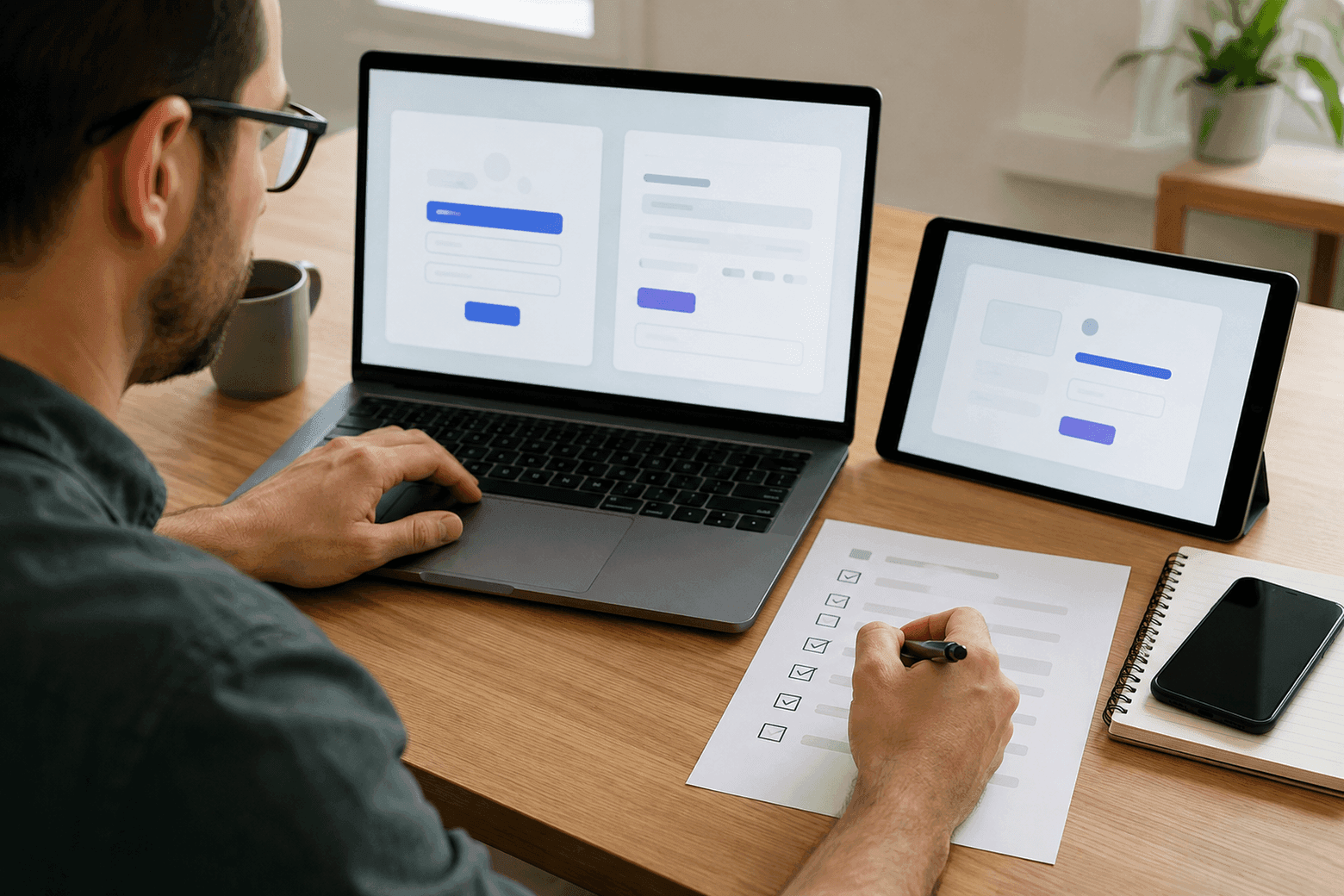 Un ordinateur portable et une tablette avec des formulaires de connexion, à côté d'une checklist papier cochée à la main