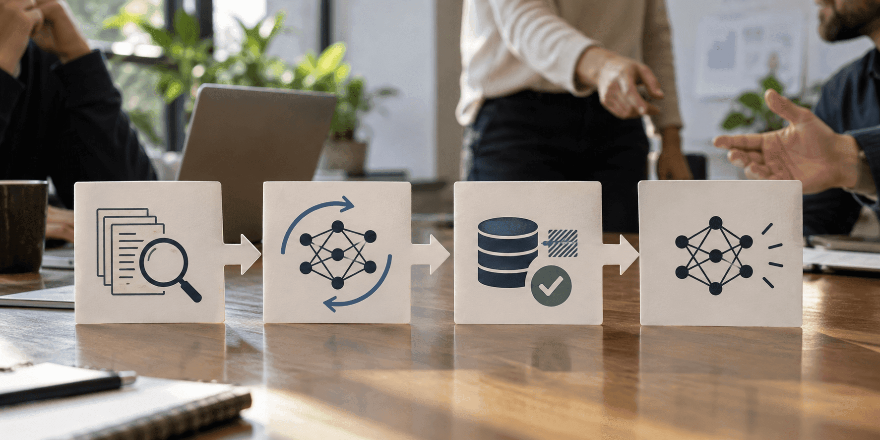A four-step flow diagram from data analysis through training and validation to handoff.