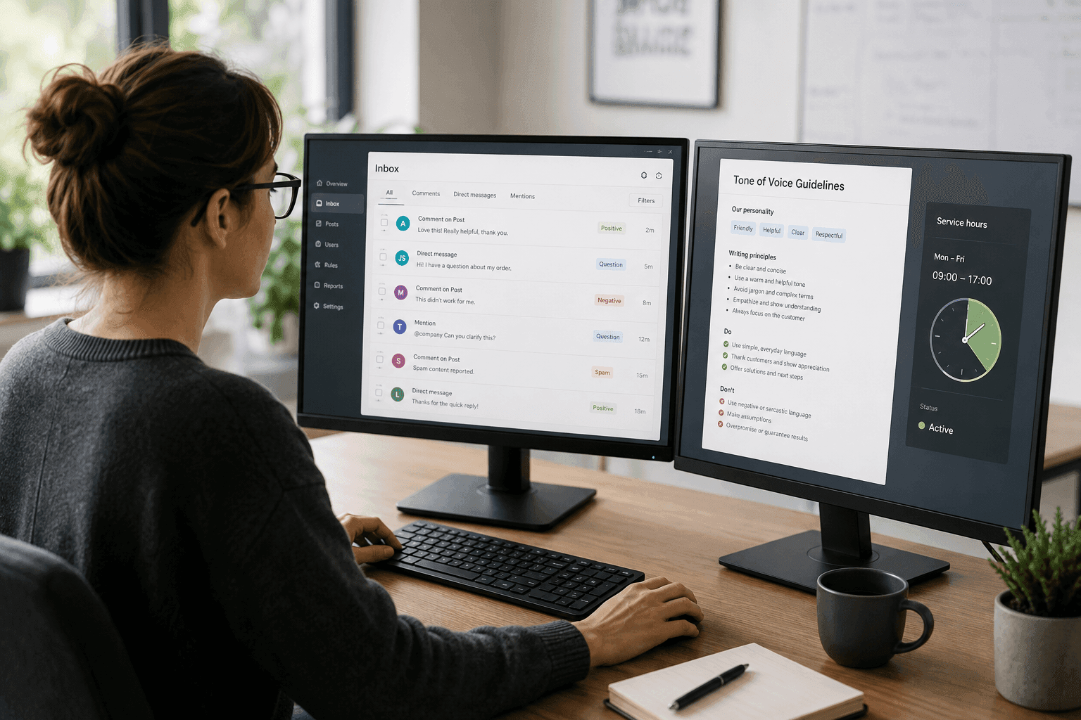 A person at two screens monitors comments and messages alongside the brand's tone-of-voice guidelines.