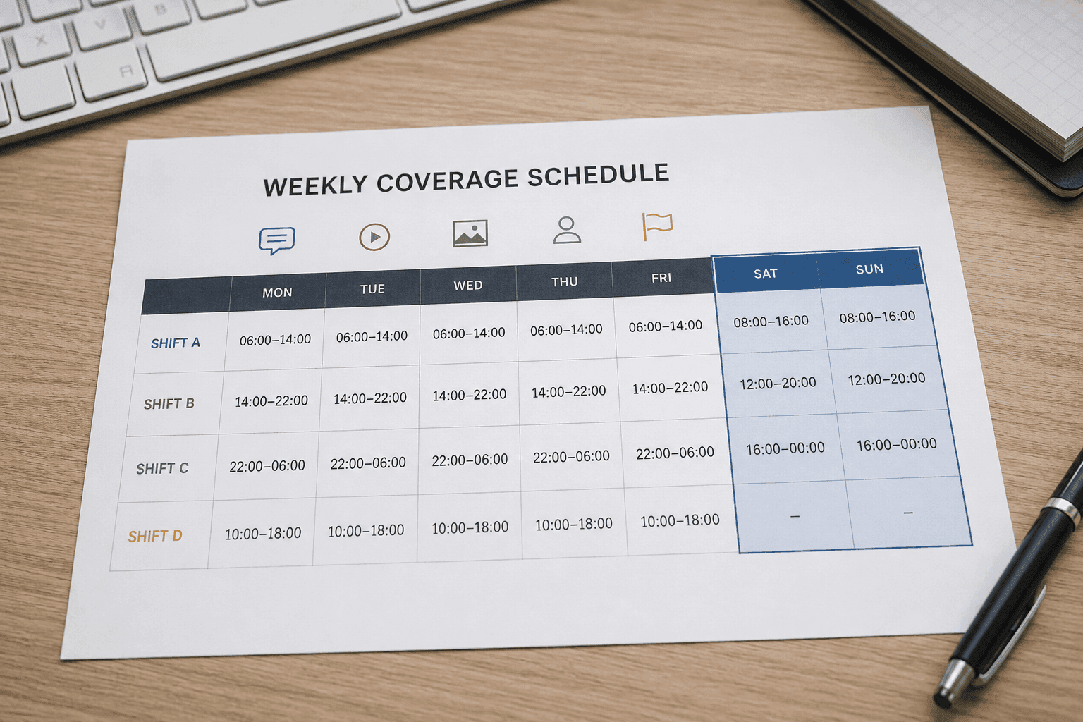 A staffing schedule for comment coverage, with weekend hours specifically marked in.