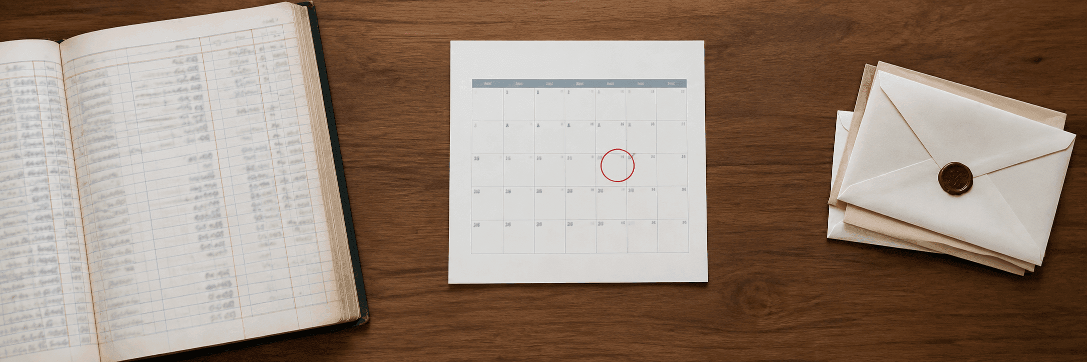 Un registre comptable ouvert et des enveloppes scellées près d'un calendrier