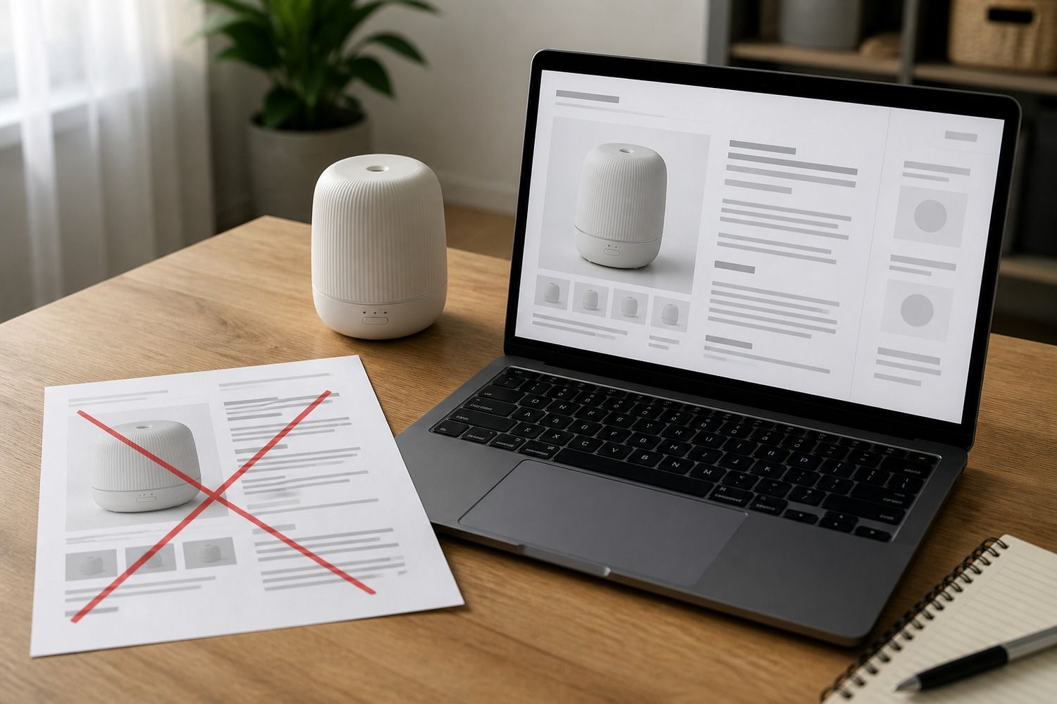A manufacturer spec sheet crossed out in red beside a laptop with a new description