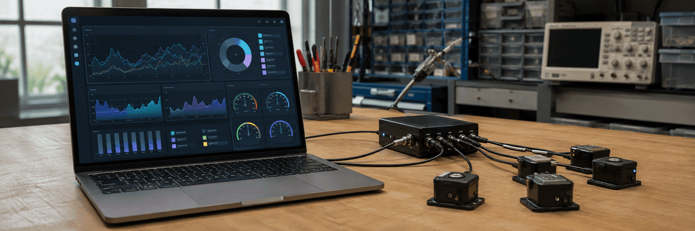 A laptop showing a sensor-reading dashboard, cabled to several small IoT modules on a desk