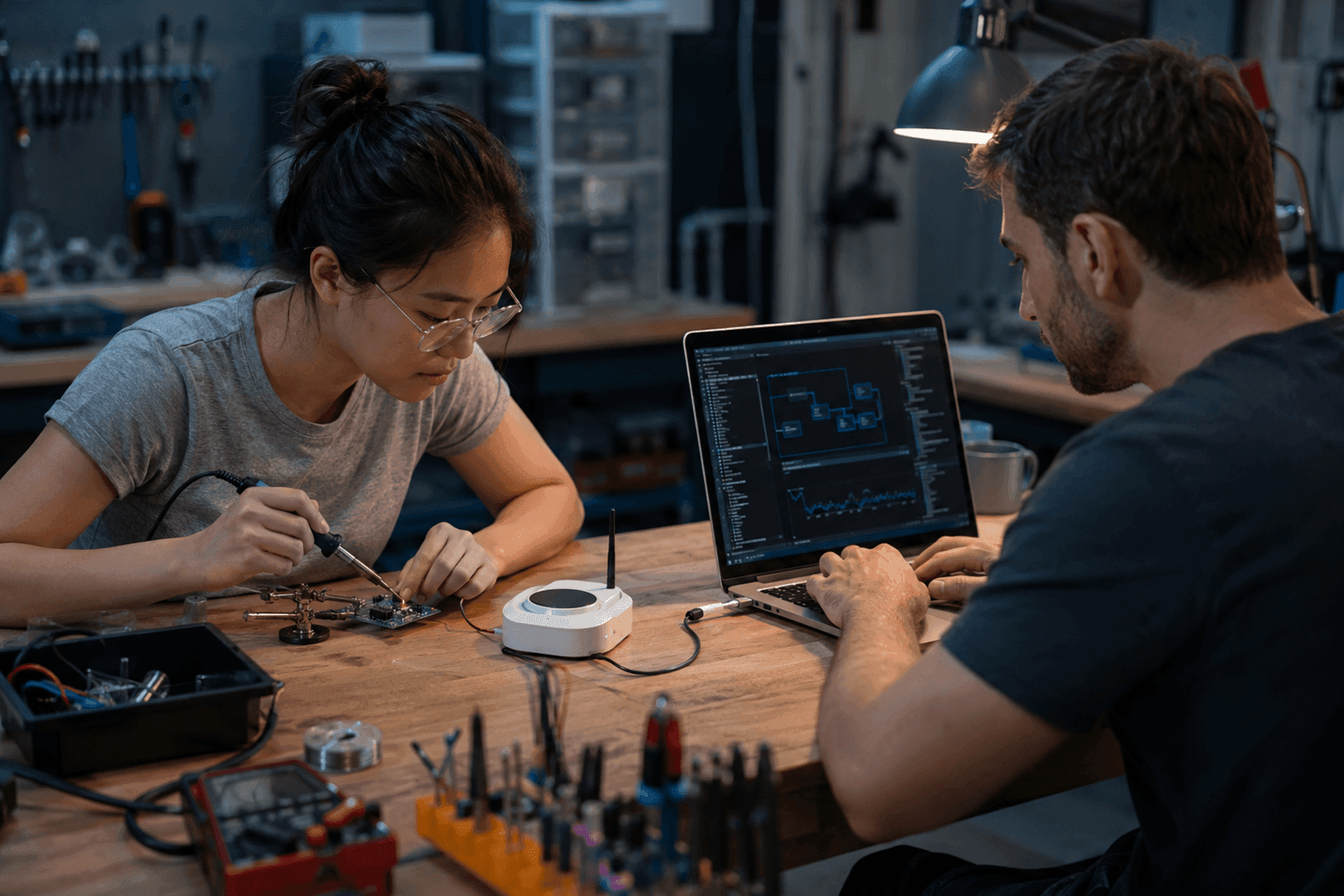 Two people at one workbench — one soldering a circuit board, the other coding the integration on a laptop