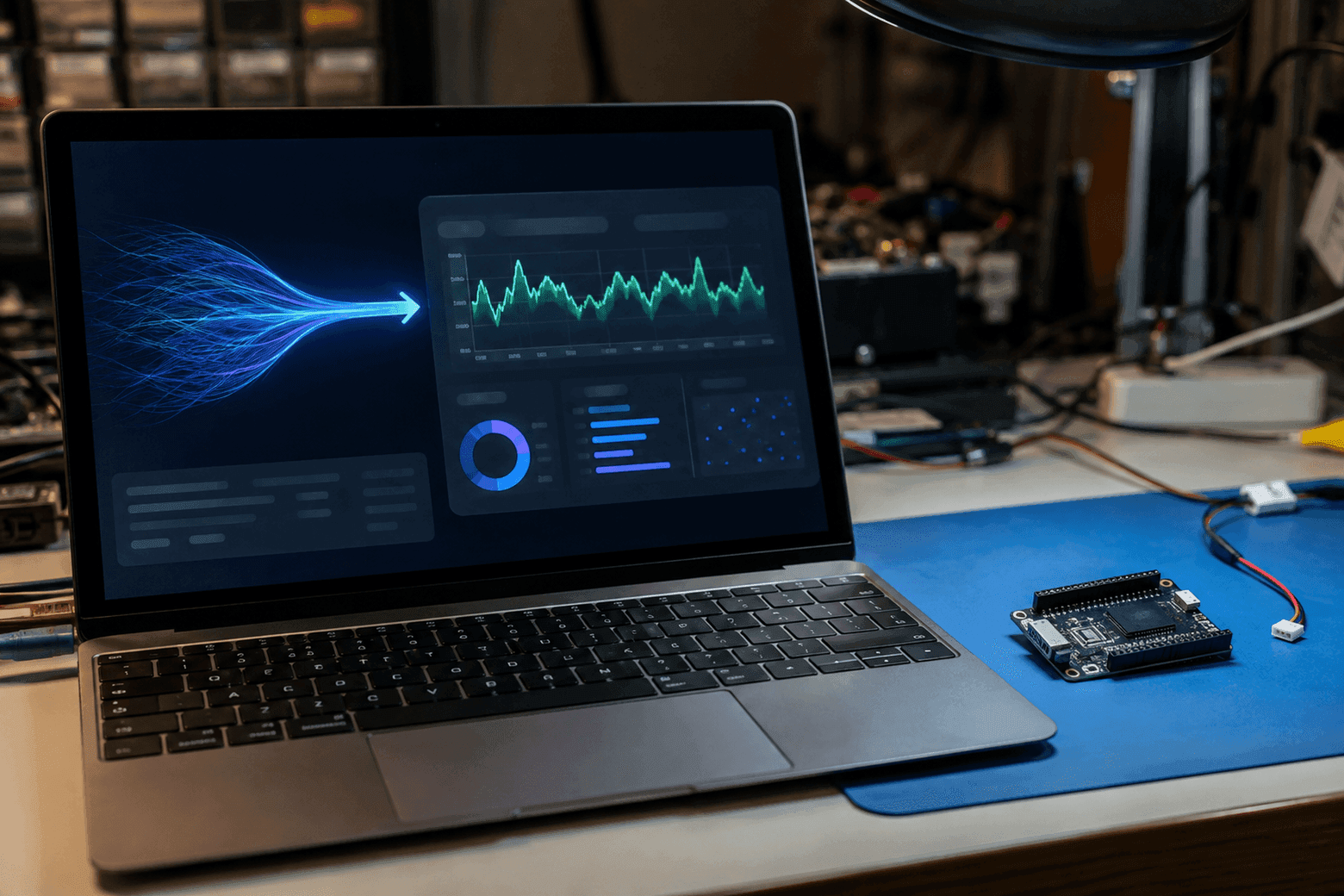 A laptop showing an animated data stream flowing into a dashboard, a circuit board sitting untouched beside it