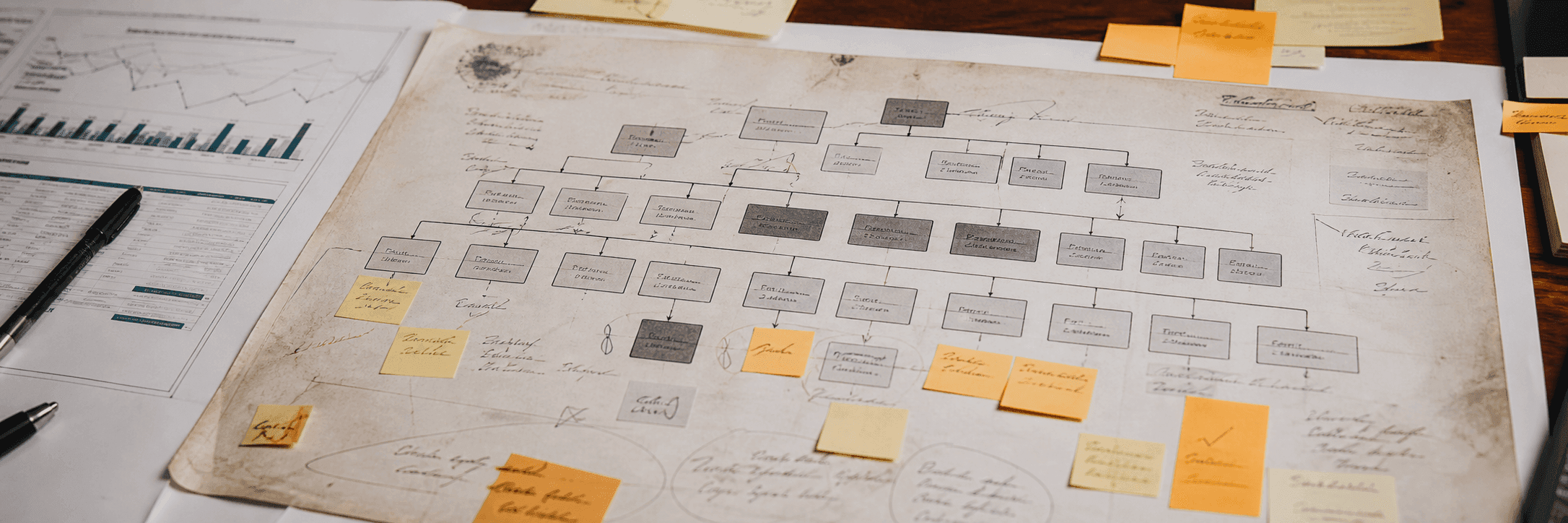 Un diagramme de structure de campagne vieilli, couvert de notes autocollantes colorées et d'annotations