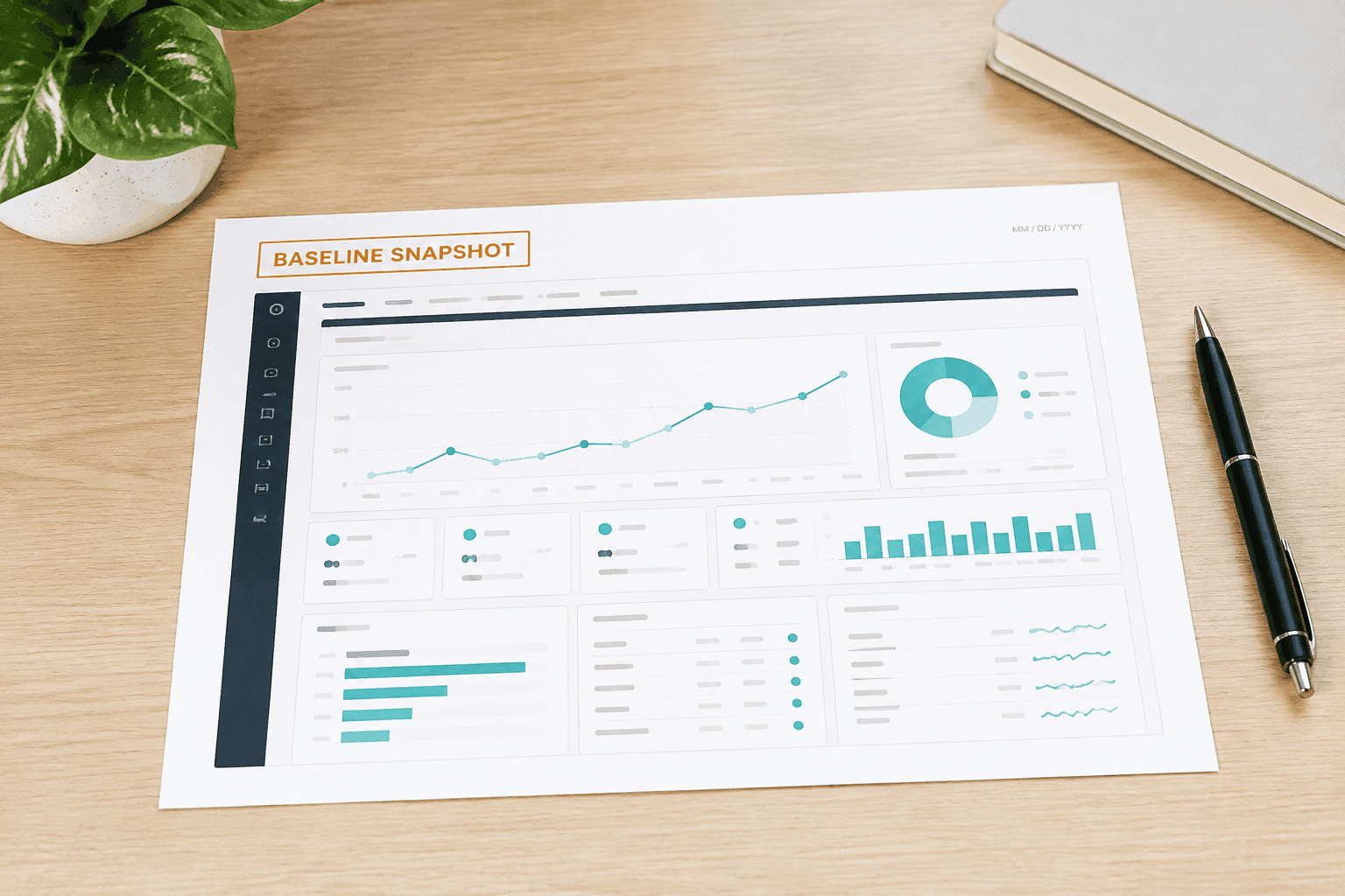 Une capture d'écran imprimée d'un tableau de bord intitulée « Baseline Snapshot » avec un champ de date