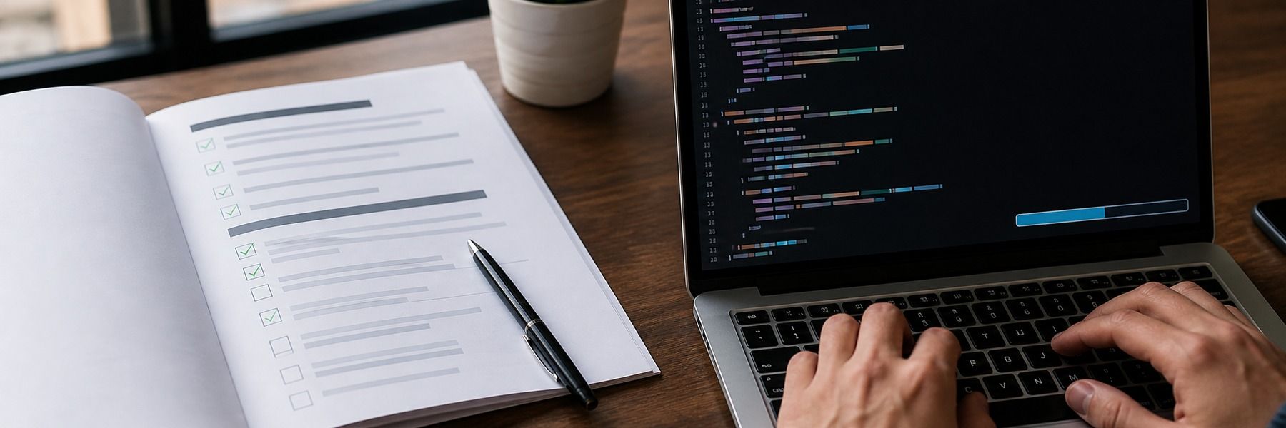 An audit report with checked items beside a laptop mid-edit of website code