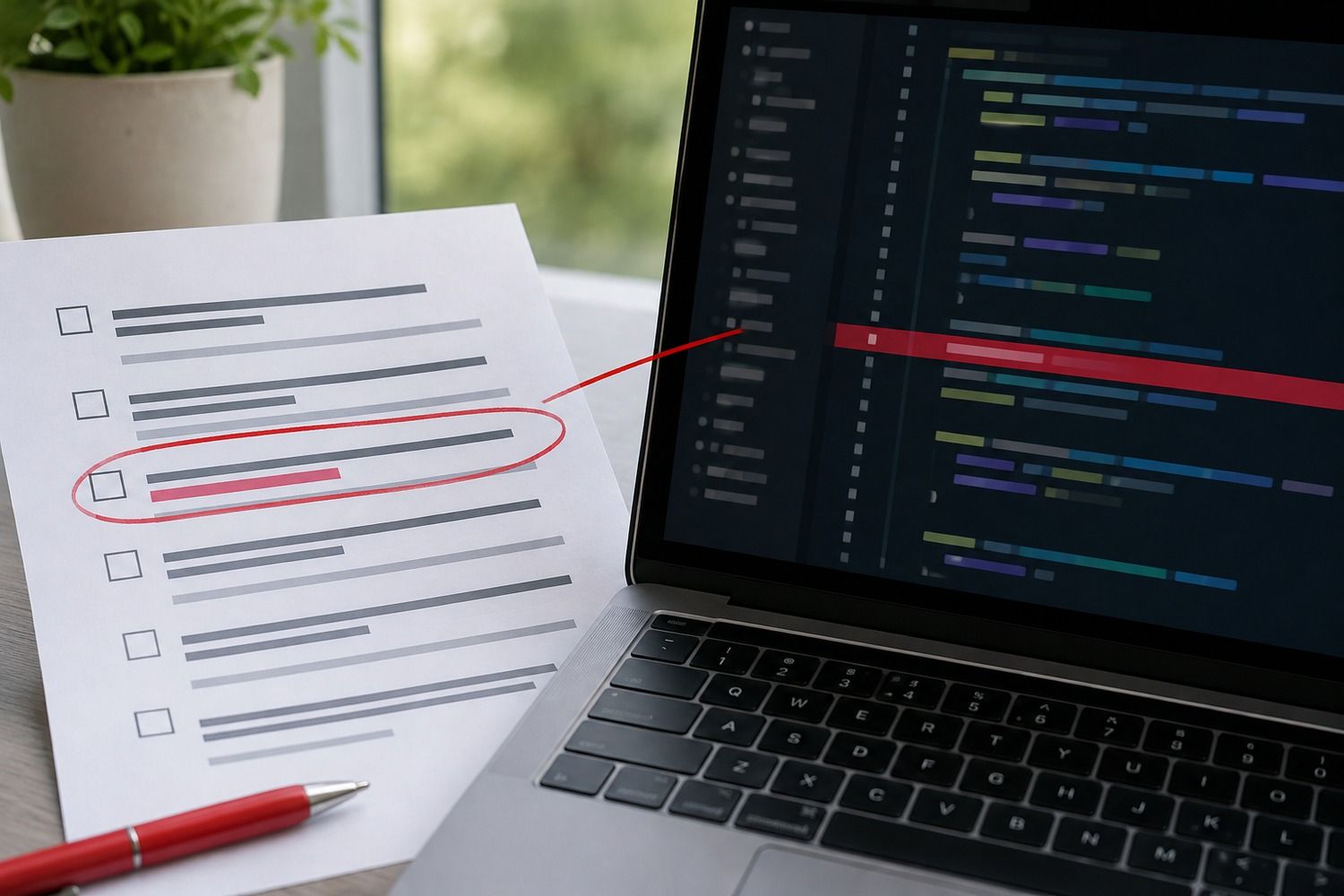 A circled audit checklist item beside a highlighted line of code on a laptop