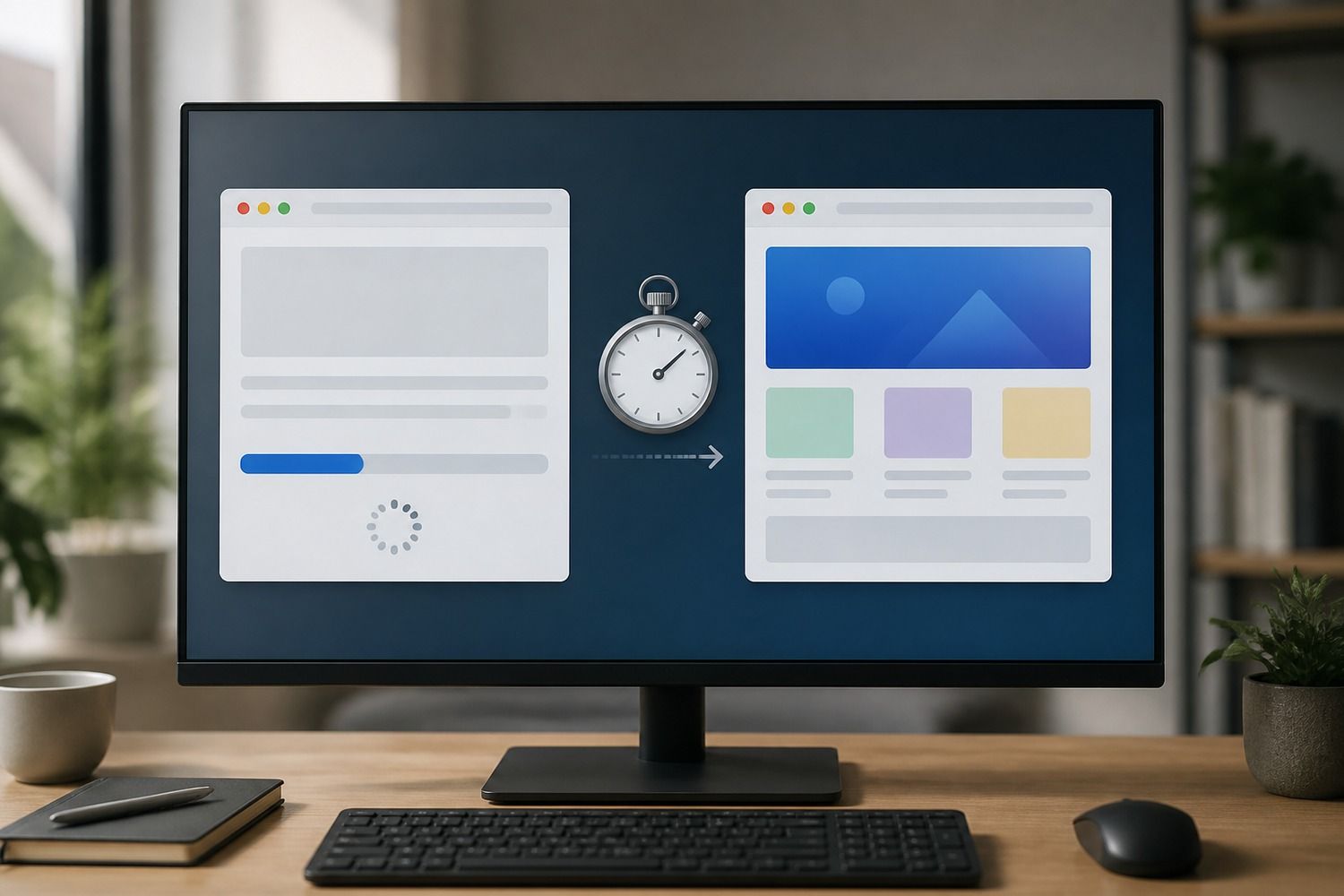 Two browser windows side by side, one loading slowly, one fully loaded