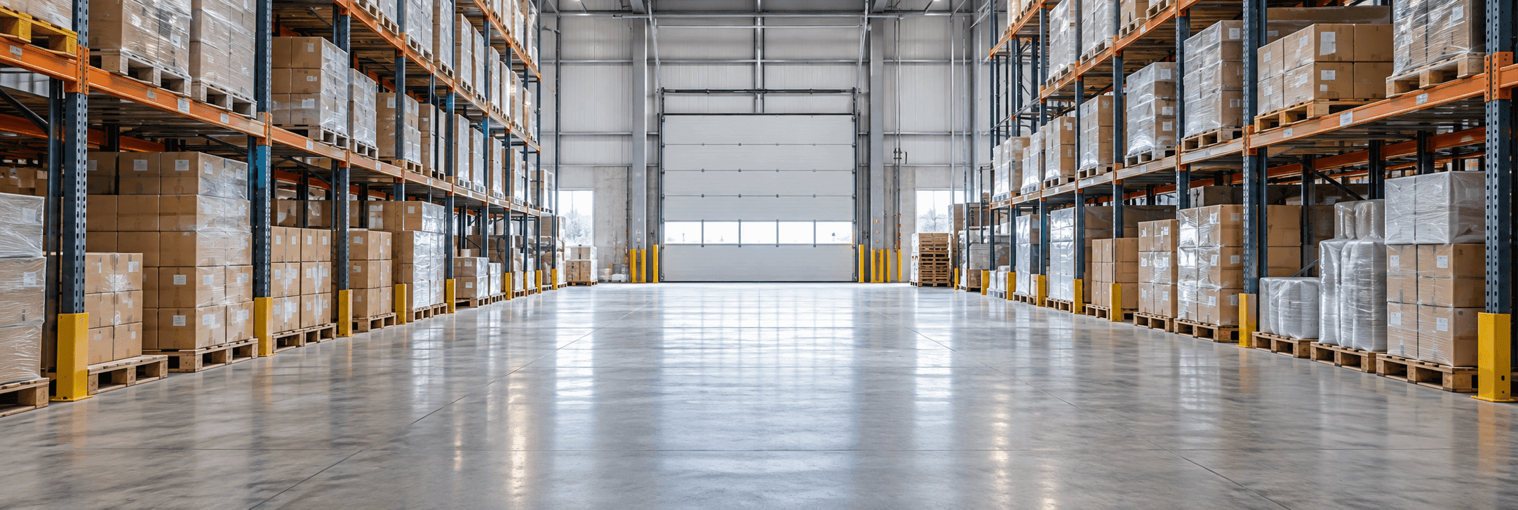 A warehouse interior with pallets on either side and a clear aisle
