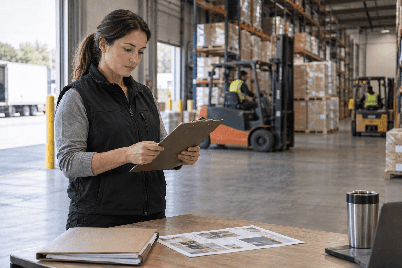 A person with a clipboard at a loading dock beside a folder of papers