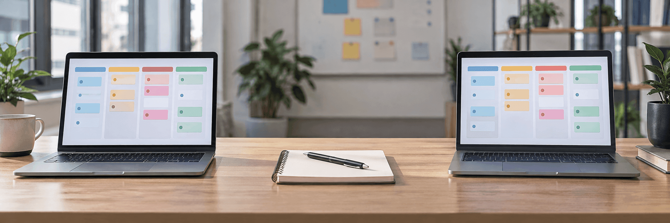 Two laptops showing the same sprint board beside an empty notepad
