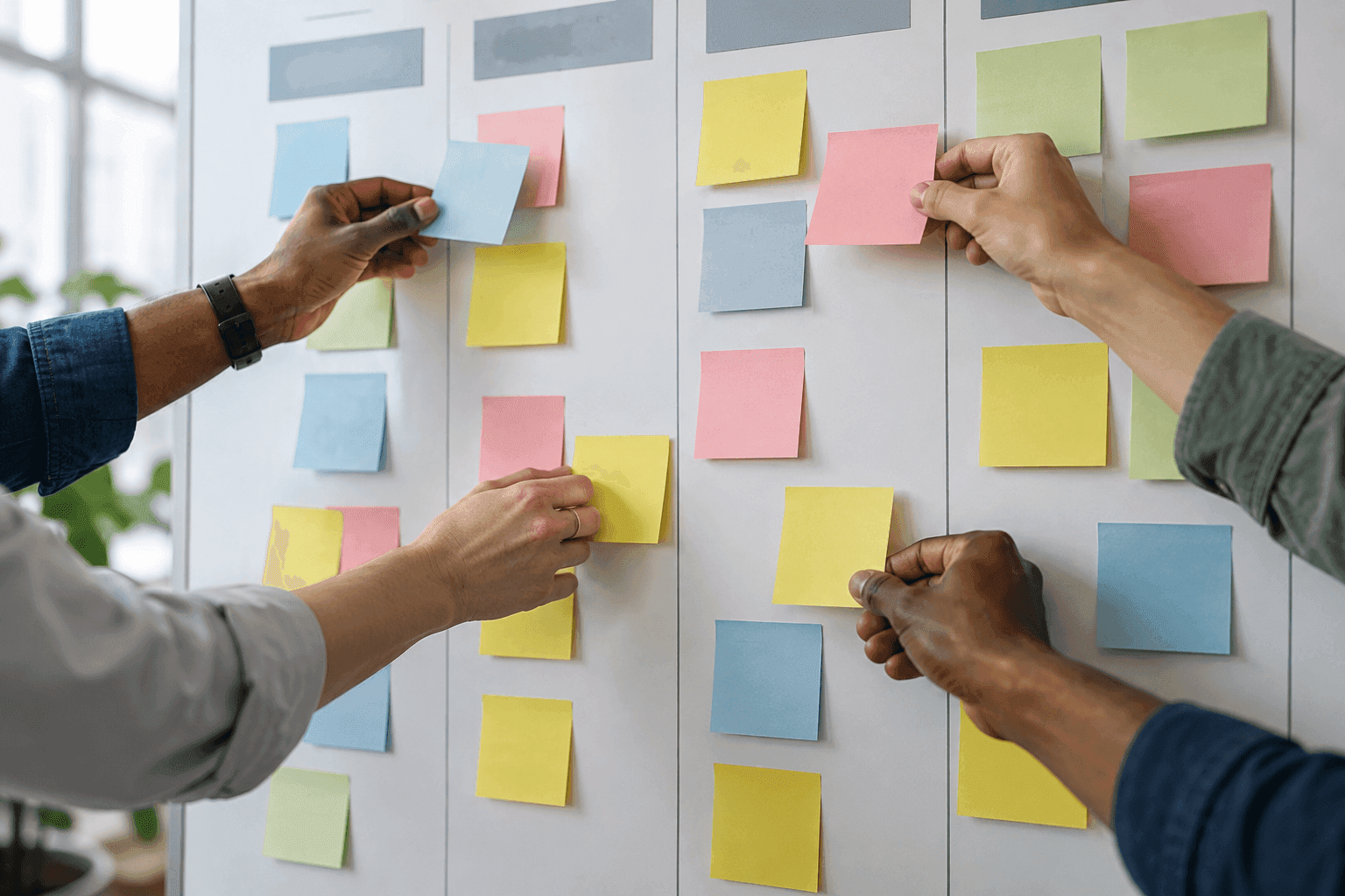 Several hands moving task cards around one shared kanban board