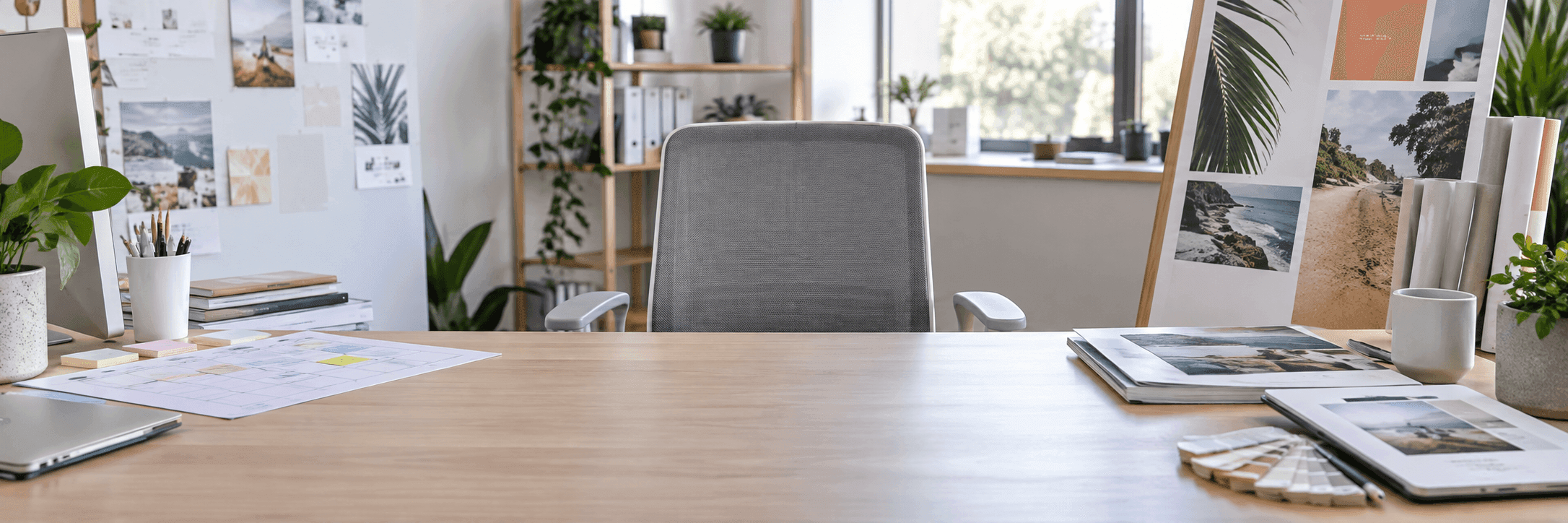 Marketing materials arranged around an empty chair at a desk