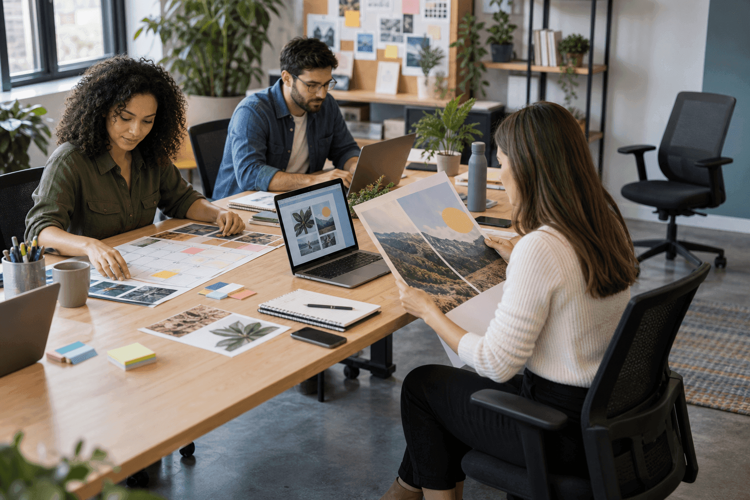A team of people working together at several connected desks