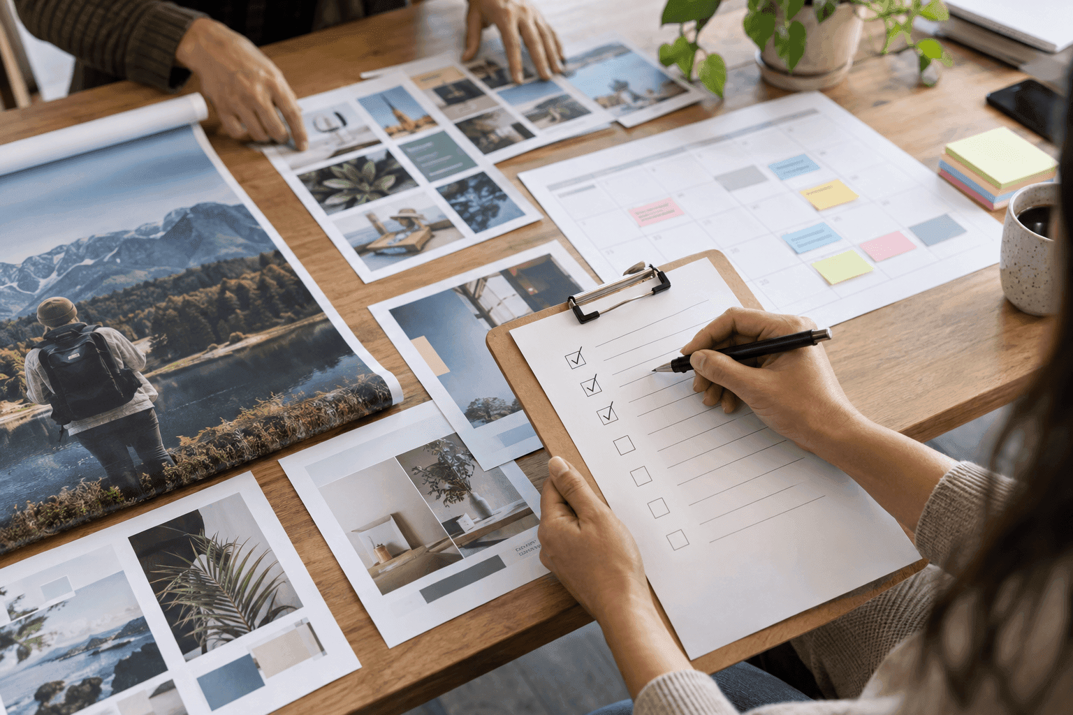 Checking off a checklist beside a spread of marketing materials