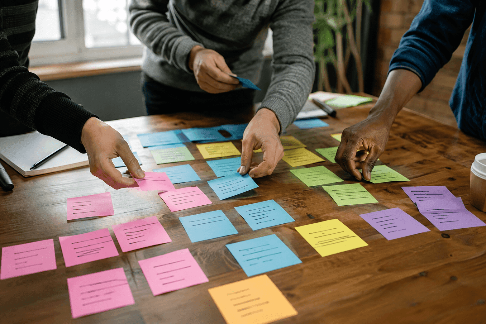 Several hands sorting colourful sticky notes with written questions, arranged in rows on a wooden table