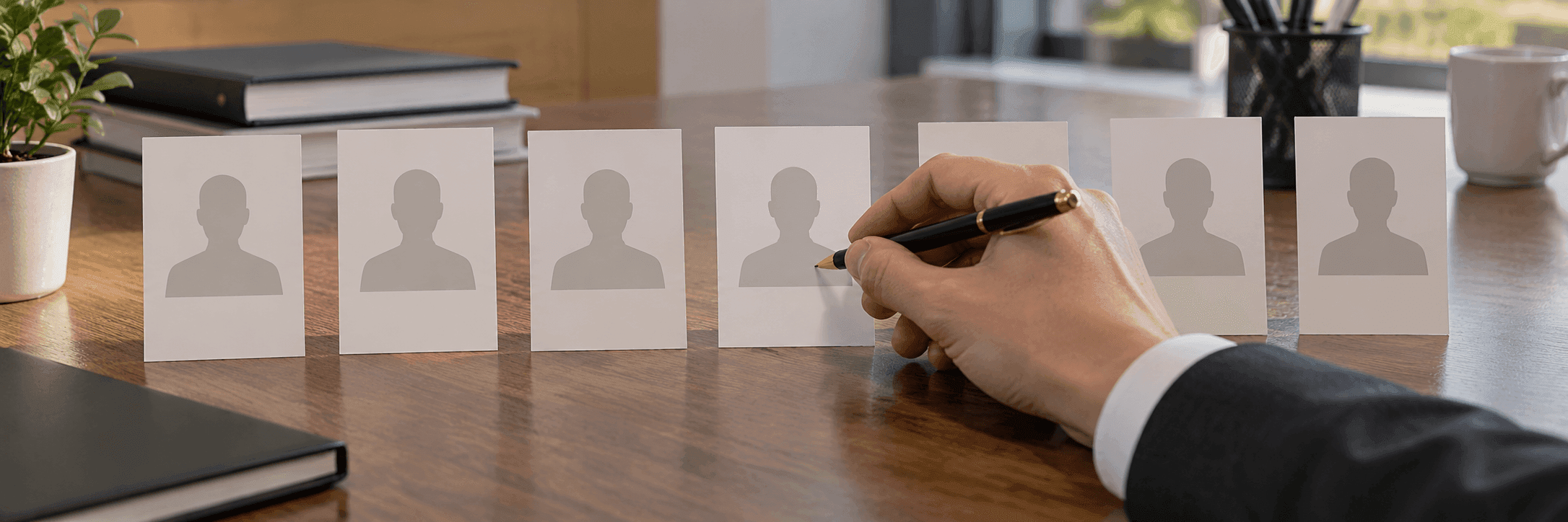 A row of blank silhouette cards, a hand marking one of them with a pen for further development.