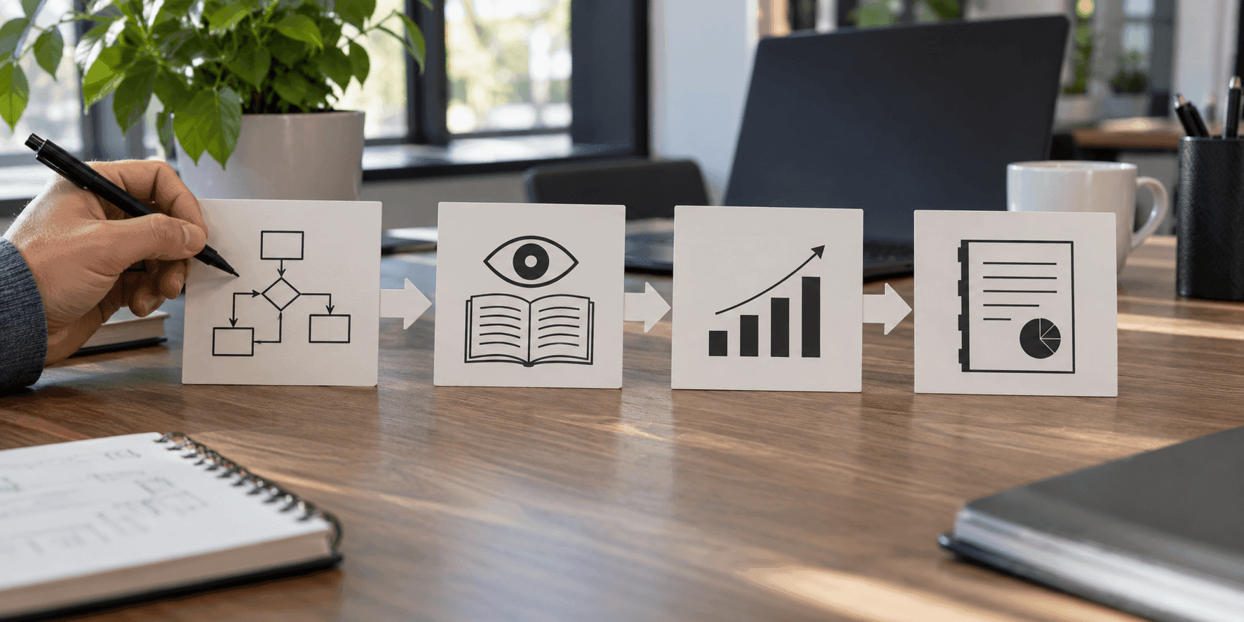 Un schéma en quatre étapes, du mappage du processus à l'observation puis au rapport final.