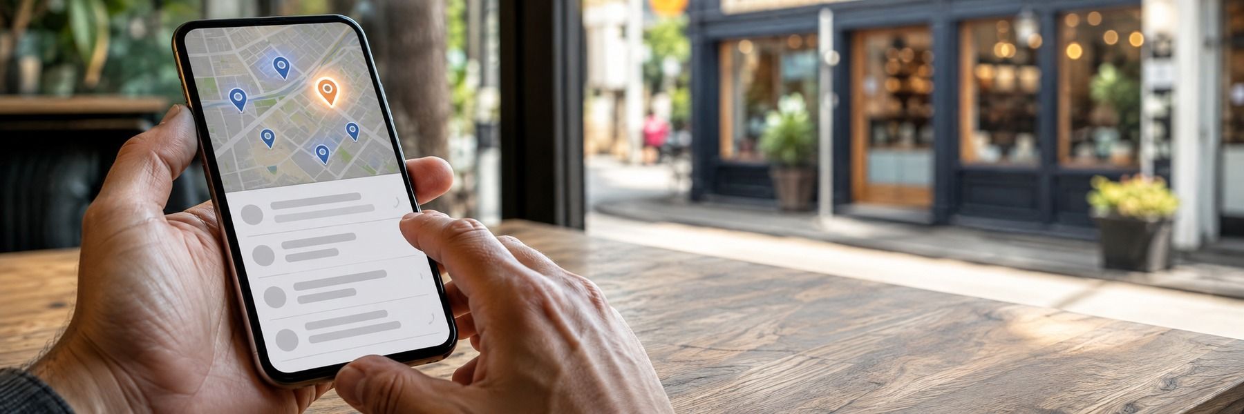 Un smartphone avec une carte et une épingle d'entreprise mise en avant en haut