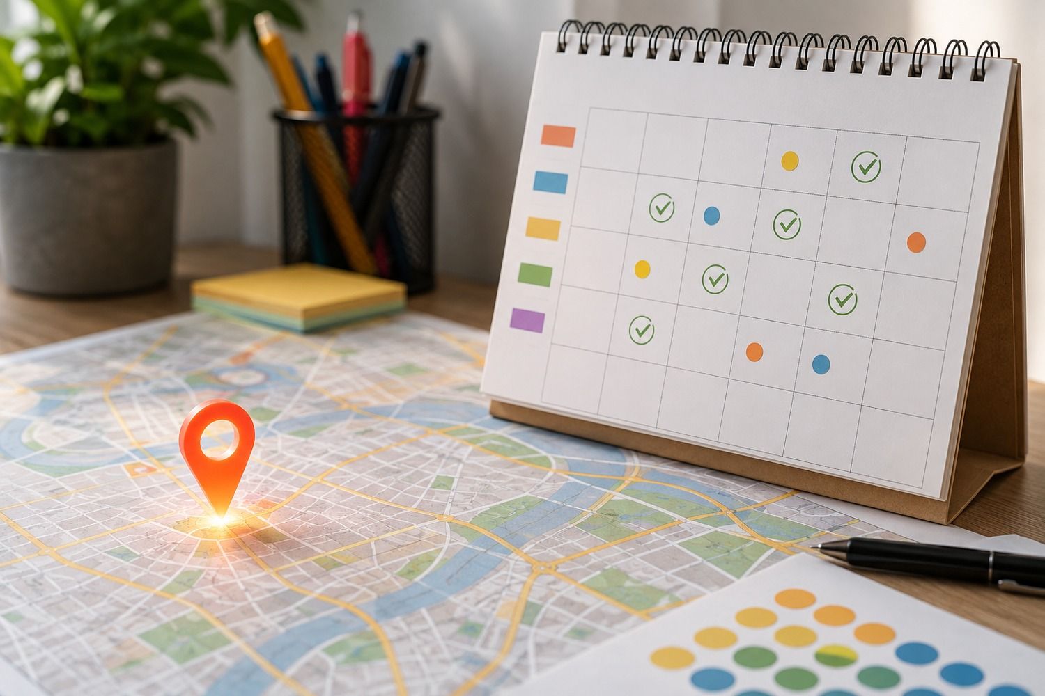 Une épingle sur un plan de ville à côté d'un calendrier avec des coches récurrentes